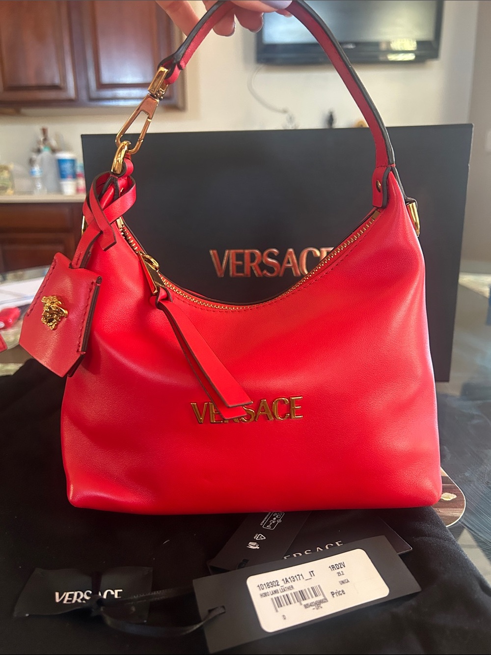 Versace Red Leather Shoulder Hobo with Gold Hardware
